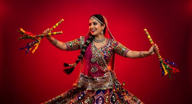 Traditional Indian Woman Dancing Dandiya Raas at Navratri Festival Celebration
