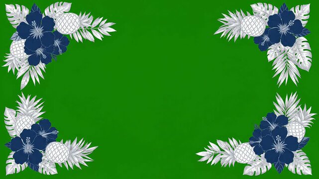 Tropical floral frame background with blue hibiscus flowers and white pineapples on a green screen for video editing overlay and seasonal summer holiday design