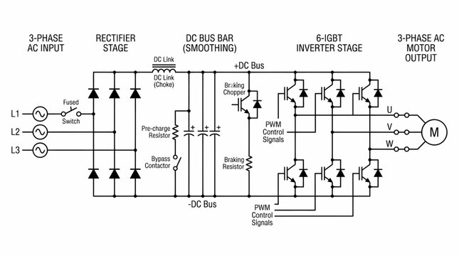 Detailed schematic diagram illustrating the three-phase AC input to AC motor output via a VFD circuit topology with rectification, DC link smoothing, and inverter stages