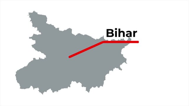 Bihar India map animation featuring a minimalist gray  state silhouette with a red callout line and blinking target location dot on a white background