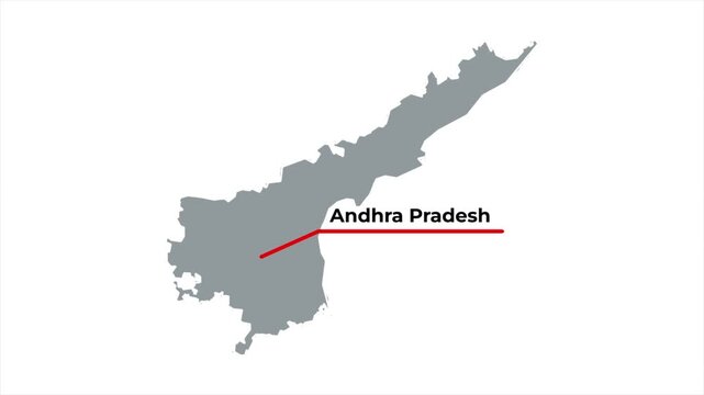 Andhra Pradesh India map animation featuring a minimalist gray state silhouette with a red callout line and blinking target location dot on a white background