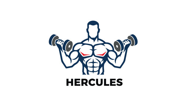 Hercules gym logo design featuring a powerful bodybuilder silhouette holding up a pair of heavy dumbbells.