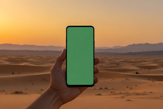 A hand holding a smartphone with a green screen in a desert landscape at sunset