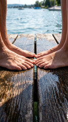 Fototapeta premium Extreme close-up of two people's bare feet standing together on wet wooden decking of a pier during a relaxing summer day