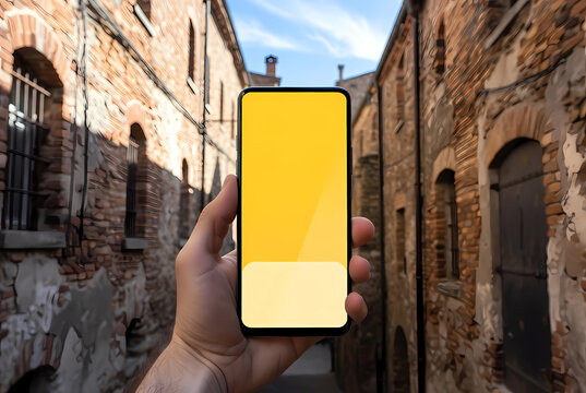 A hand holding a smartphone with a yellow screen in a narrow alleyway between old brick buildings