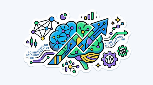 Colorful illustration of a brain with digital circuit and growth arrow