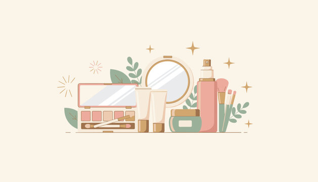 Group of beauty cosmetics and makeup products including eyeshadow palette, brushes, lotions, and a vanity mirror.