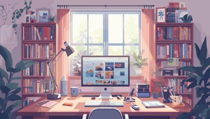 A cozy and well-organized home office with a computer, bookshelves, and plants, bathed in warm natural light from a large window. © JUN