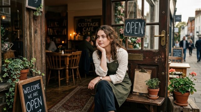 Young woman entrepreneur sitting outside her charming shop with an open sign.