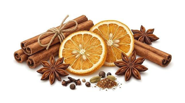 Christmas Spices Cinnamon Sticks Dried Orange Slices Star Anise Isolated White Background Mulled Wine Winter Festive Aroma Cooking Graphic 3D