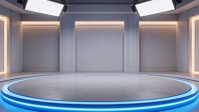 Modern empty studio stage with blue lights