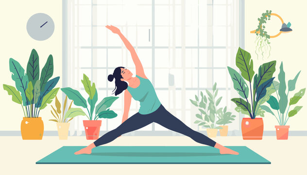 A woman in athletic wear performs a yoga pose, stretching her body to the side on a mat surrounded by numerous potted plants.
