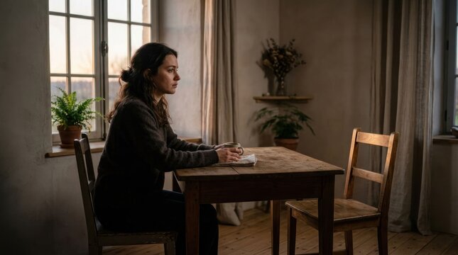 Young Woman Sitting Alone at a Table in a Room with Natural Light.