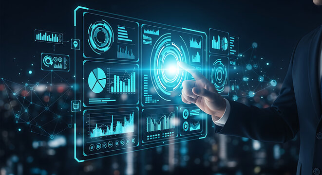 Businessman interacting with a futuristic digital interface showing business data analytics and financial charts.