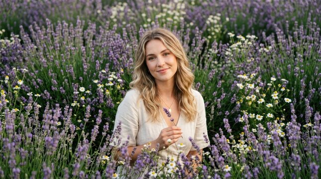 Young Woman Smiling in a Field of Lavender Flowers.