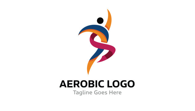 Aerobic logo design featuring a stylized active human figure in motion made of colorful sweeping ribbon lines.