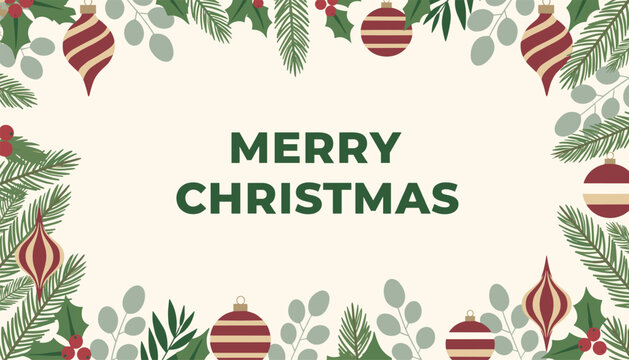 Festive christmas card design with green merry christmas text bordered by elegant pine branches and red ornaments.