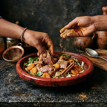a person is making  Moroccan lamb tagine, arranging raw marinated meat, dried apricots, and cinnamon sticks inside a traditional conical 