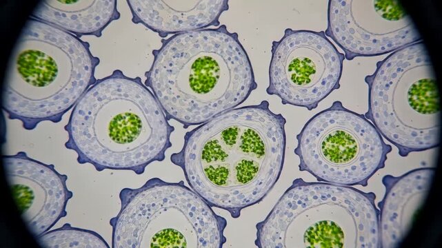 Microscopic view of plant cells showing green chloroplasts  
