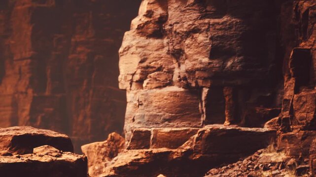 Sunlight shines on rock formations in a canyon during the evening. Shadows create shapes on the cliff walls, highlighting the textures and colors of the rocks.