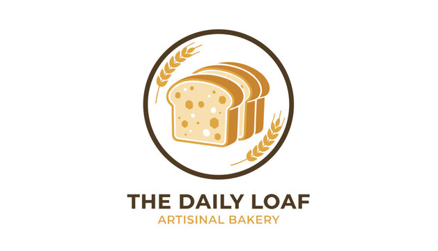 Bakery logo design with a sliced loaf of artisan bread decorated with ears of wheat inside a brown circular frame.