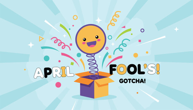 April fools day celebration card with a cheerful yellow smiley face popping out of a jack in the box with confetti.