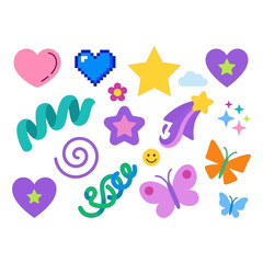 Fototapeta premium Set of colorful cute vector stickers featuring hearts stars butterflies and abstract shapes.