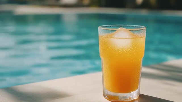 Refreshing Orange Drink by Swimming Pool in Summer 