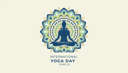 Obraz premium International yoga day graphic displaying a female silhouette meditating in lotus pose before a detailed mandala design.