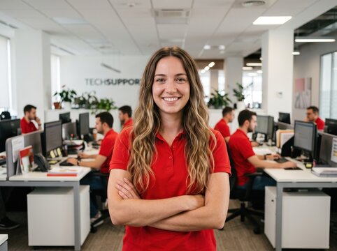 Smiling woman with long wavy hair wearing a red polo shirt standing with arms crossed in a bright open plan office with coworkers working at computer desks in the background