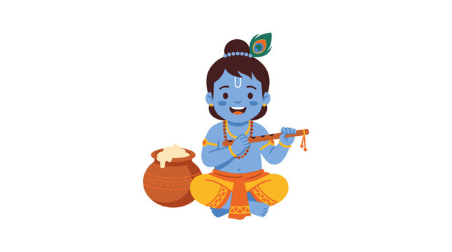 Cute Cartoon Illustration of Little Lord Krishna with Flute and Butter Pot.