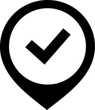 Approval checkmark map pin icon verified done accept confirm pass tick success agree valid endorse authorize allow location marker solid black silhouette vector for