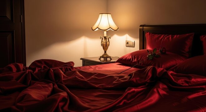Cozy Bedroom with Red Satin Bedding and Glowing Lamp.