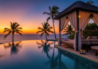Fototapeta premium Tranquil poolside oasis with ocean view and palm trees at sunset