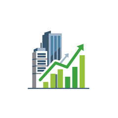 Fototapeta premium Green rising bar chart with city buildings background.
