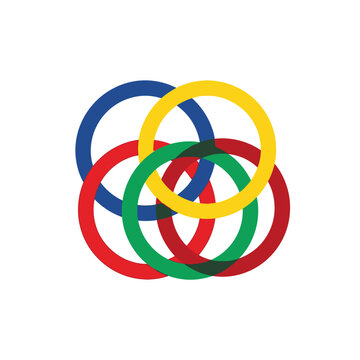 Five interlocking colorful rings representing global unity and sports.