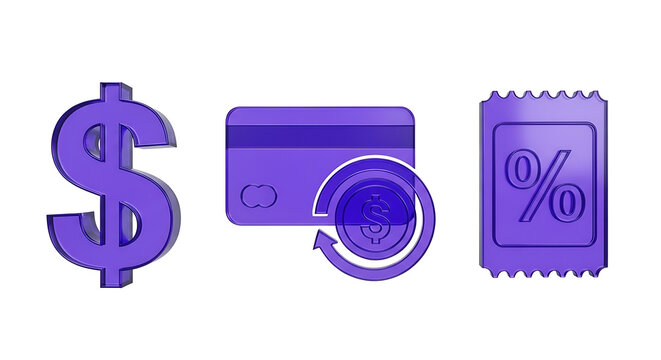 Collection of purple 3D financial icons including dollar sign credit card and discount tag with discount shopping currency transaction investment commerce marketing business