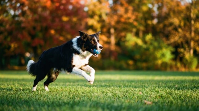 Energetic Border Collie in Full Flight Across a Lush Green Meadow with Autumnal Foliage.