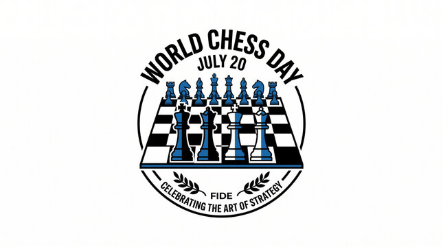 World Chess Day emblem with a chessboard and blue pieces, celebrating the art of strategy logo.
