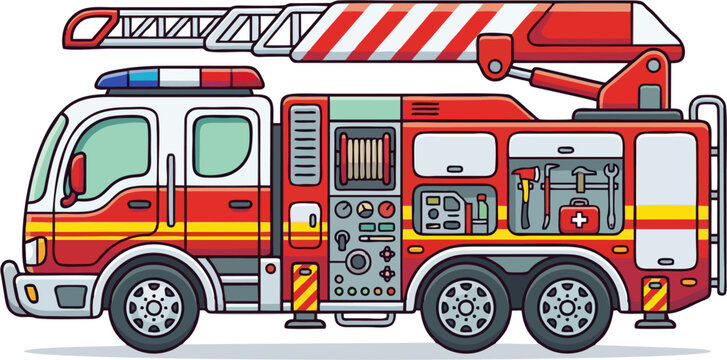 Detailed Red Fire Truck with Aerial Ladder, Siren, Fire Hose, Rescue Tools, and First Aid Kit Side View Cartoon Vector Illustration