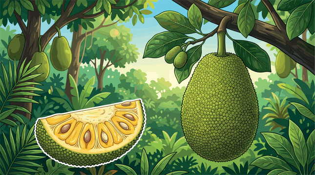 Tropical jackfruit tree landscape vector illustration featuring whole exotic fruit hanging on branch slice with yellow bulbs seeds and lush jungle forest background,
