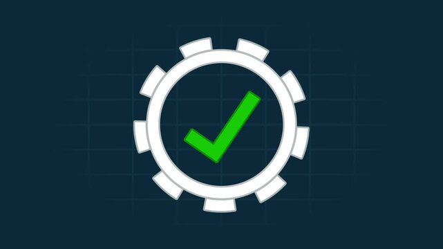 Green checkmark gear on dark blue background with grid pattern gear green checkmark white gear checkmark symbol