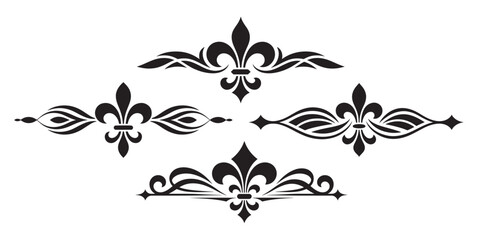 Fleur de Lis Elegant Border Design, Ornate Vintage Flourish Divider Set with Lily Flower Ornament, Black and White Vector Line Art © Ibrahim