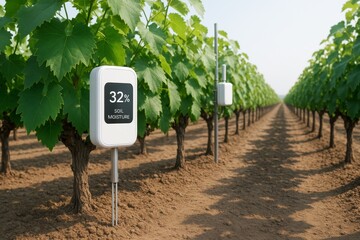 Obraz premium Smart soil moisture sensor device in vineyard field measuring 32% moisture level on a sunny day with green vines in the background. Ai generative