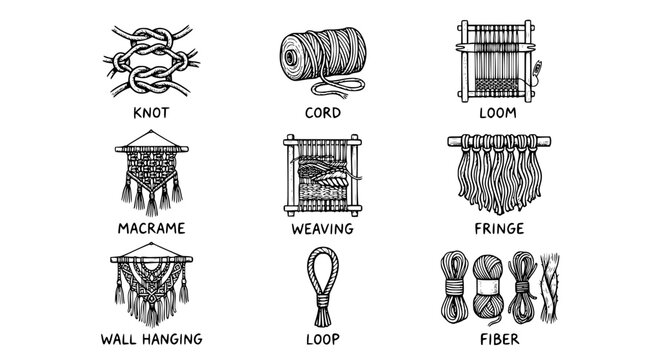 Hand drawn macrame weaving icons knot cord loom fringe wall hanging loop fiber, black ink sketch vector illustration