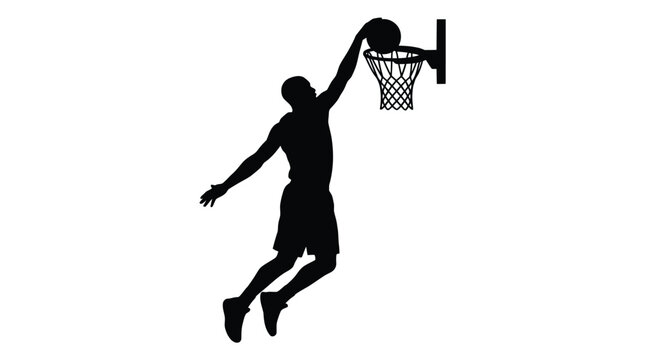 Black silhouette of a basketball player dunking the ball