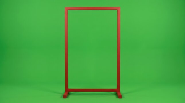 Red rectangular metal frame standing on green background
