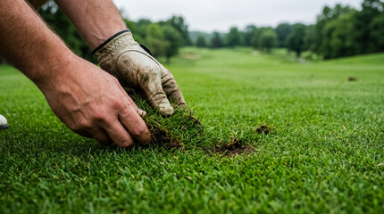 golf divot repair hands fairway course maintenance etiquette sport turf hands restoring turf on fairway communicate respect responsibility and sustainable course care for etiquette education and club