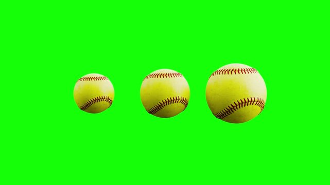 3 Pulsing Softball Balls, Loading Loop Animation. Green Screen Chroma Key, Black and White Background