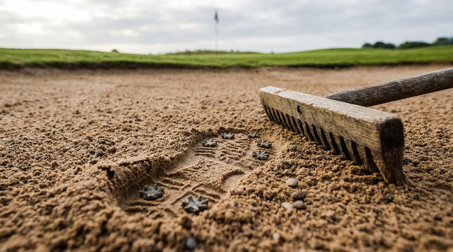 golf bunker sand footprint rake course trap sport texture hazard shoe mark beside rake shows course etiquette repair and tactical challenge for training guides groundskeeping themes and club